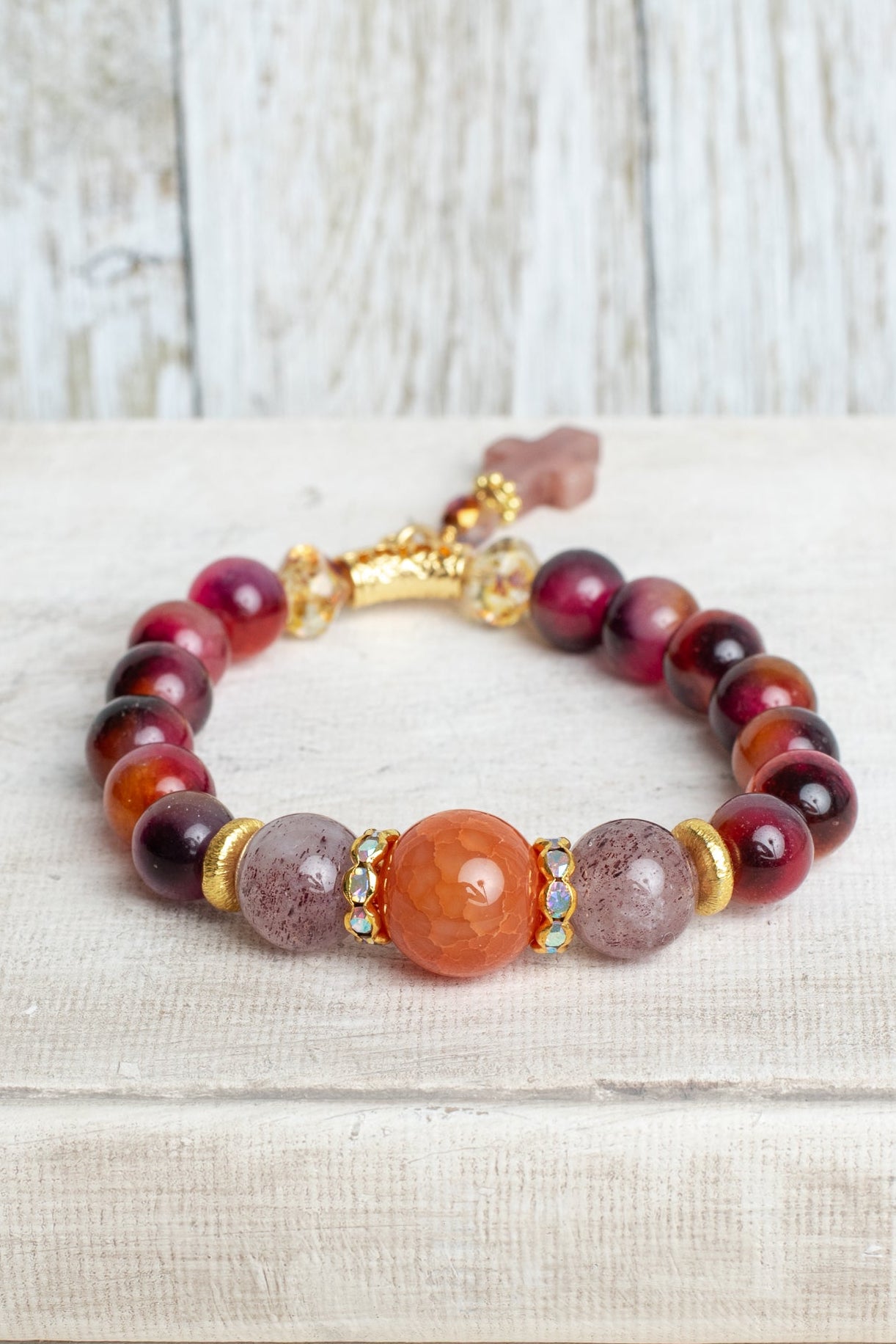 Red and Orange Quartz Gemstone Beaded Stretch Bracelet with Gold Plated Accents and Quartz Cross Charm