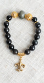 Gold Plated Beads and Fleur De Lis Charm on Obsidian and Labradorite Stretch Bracelet