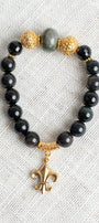 Gold Plated Beads and Fleur De Lis Charm on Obsidian and Labradorite Stretch Bracelet