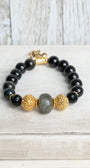 Gold Plated Beads and Fleur De Lis Charm on Obsidian and Labradorite Stretch Bracelet