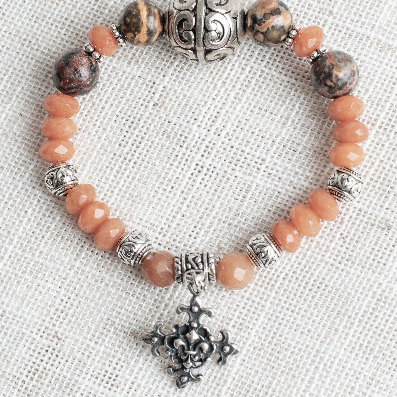 Creamy Rust Stone Rhondelles with Jasper Bead Stretch Bracelet with Antique Silver Plated Ornate Cross CharmCross Charm (Copy)