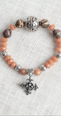 Creamy Rust Stone Rhondelles with Jasper Bead Stretch Bracelet with Antique Silver Plated Ornate Cross CharmCross Charm (Copy)