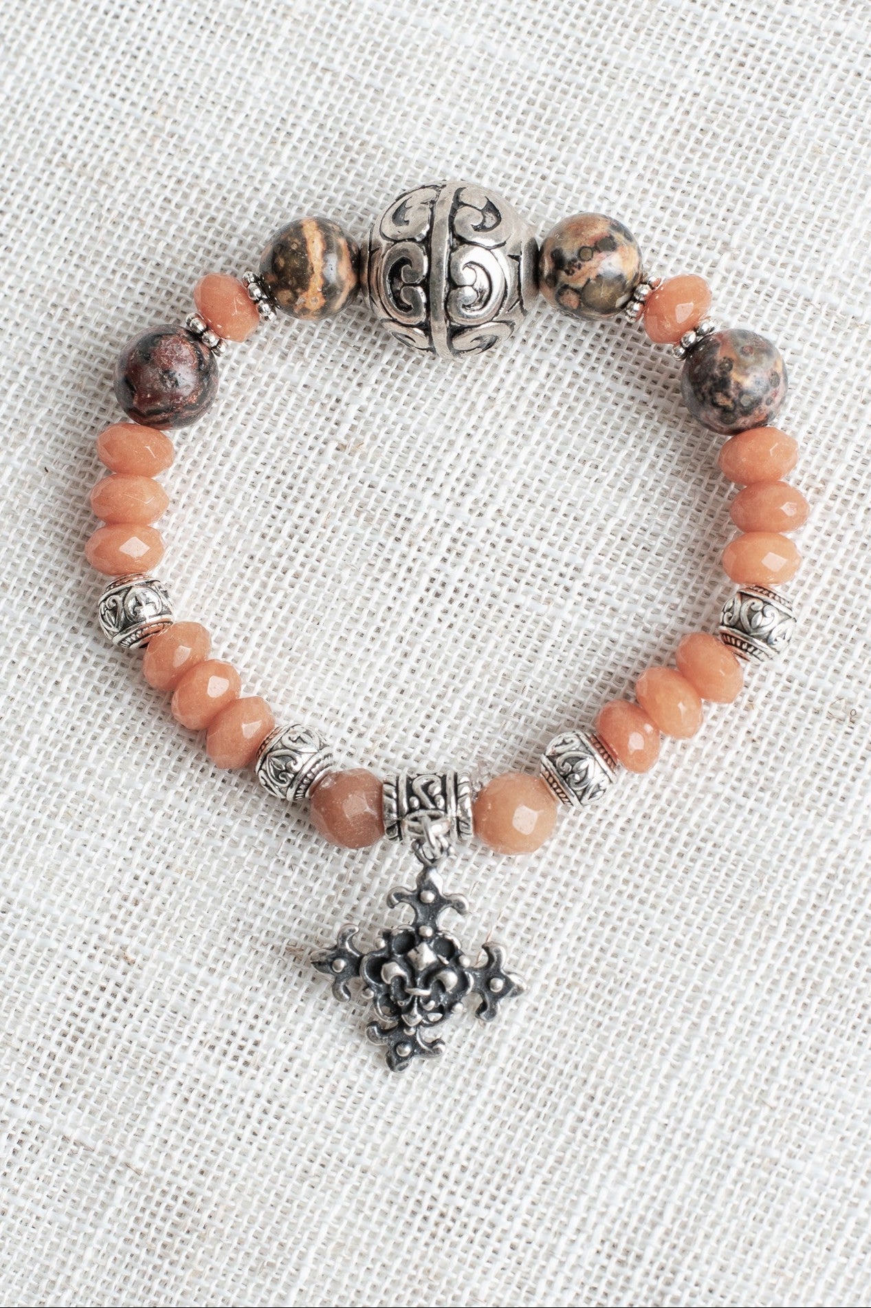 Creamy Rust Stone Rhondelles with Jasper Bead Stretch Bracelet with Antique Silver Plated Ornate Cross CharmCross Charm (Copy)