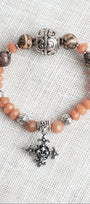 Creamy Rust Stone Rhondelles with Jasper Bead Stretch Bracelet with Antique Silver Plated Ornate Cross CharmCross Charm (Copy)