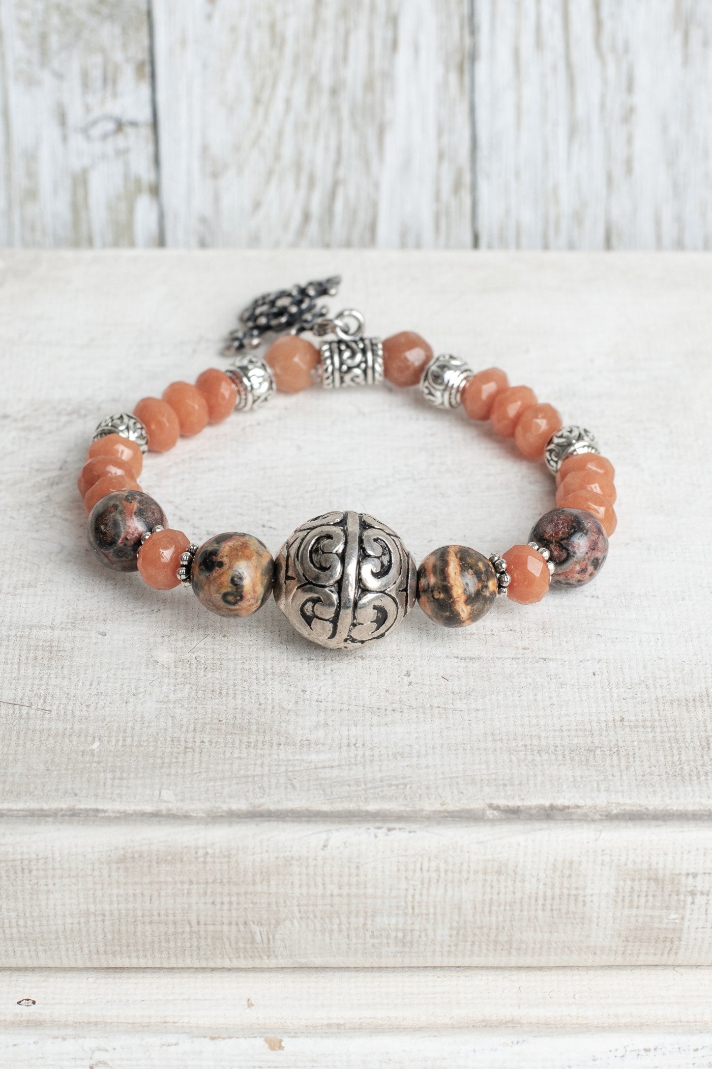 Creamy Rust Stone Rhondelles with Jasper Bead Stretch Bracelet with Antique Silver Plated Ornate Cross CharmCross Charm (Copy)