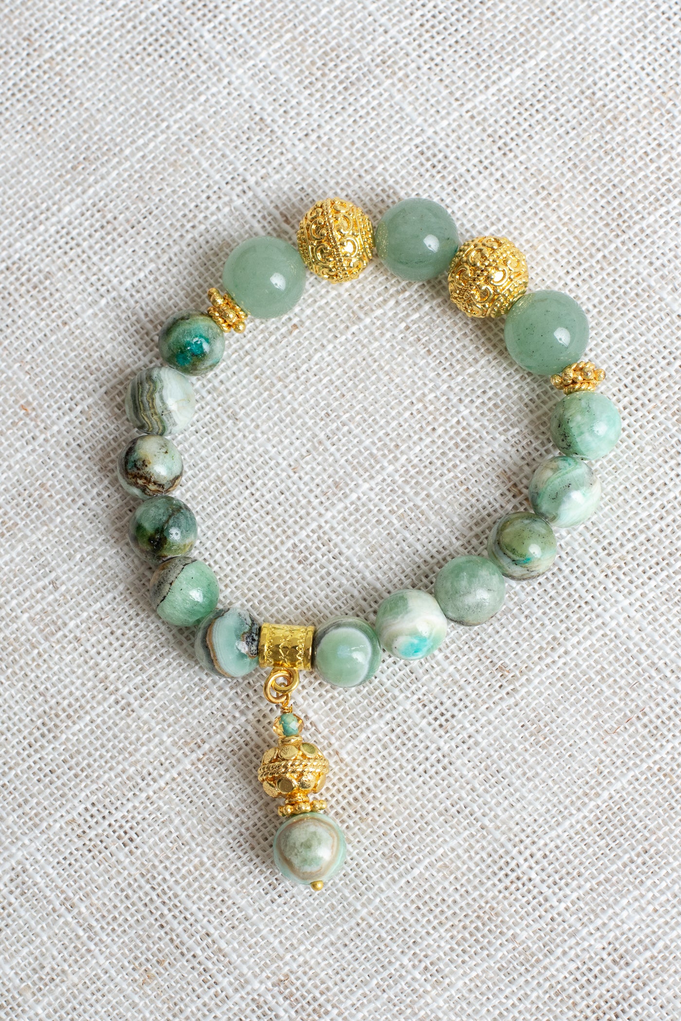 Phoenix Agate and Adventurine Beaded Bracelet with Gold Plated Beads and Stone Charm