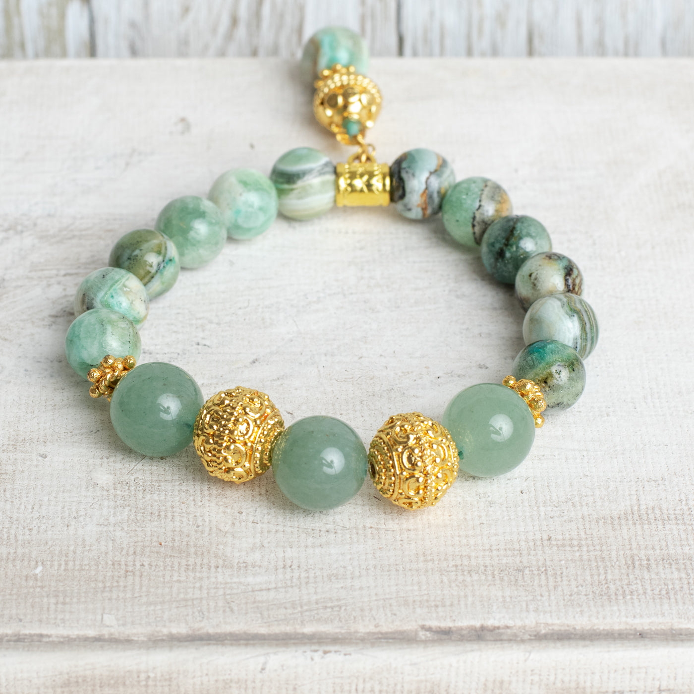 Phoenix Agate and Adventurine Beaded Bracelet with Gold Plated Beads and Stone Charm