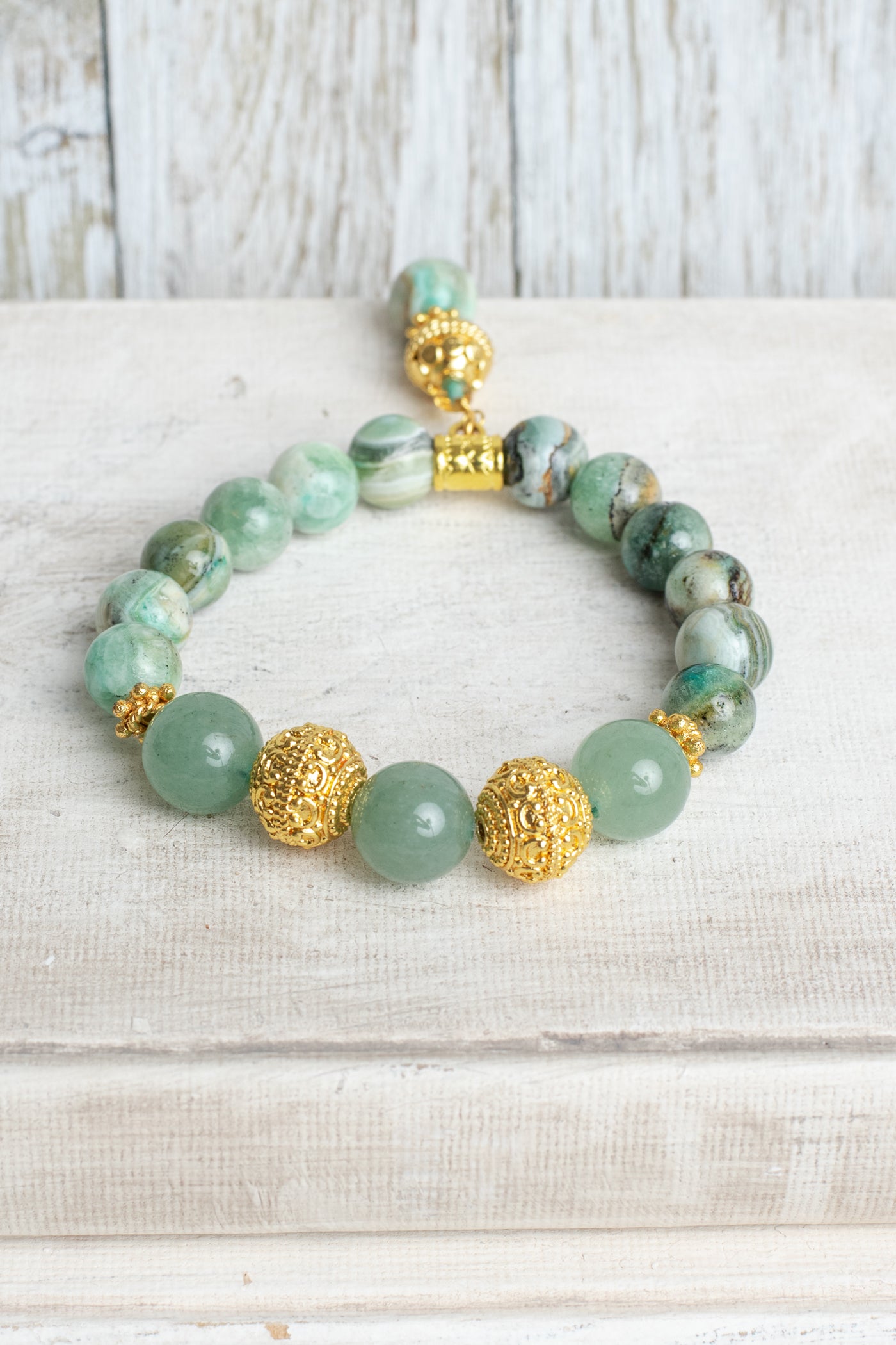 Phoenix Agate and Adventurine Beaded Bracelet with Gold Plated Beads and Stone Charm
