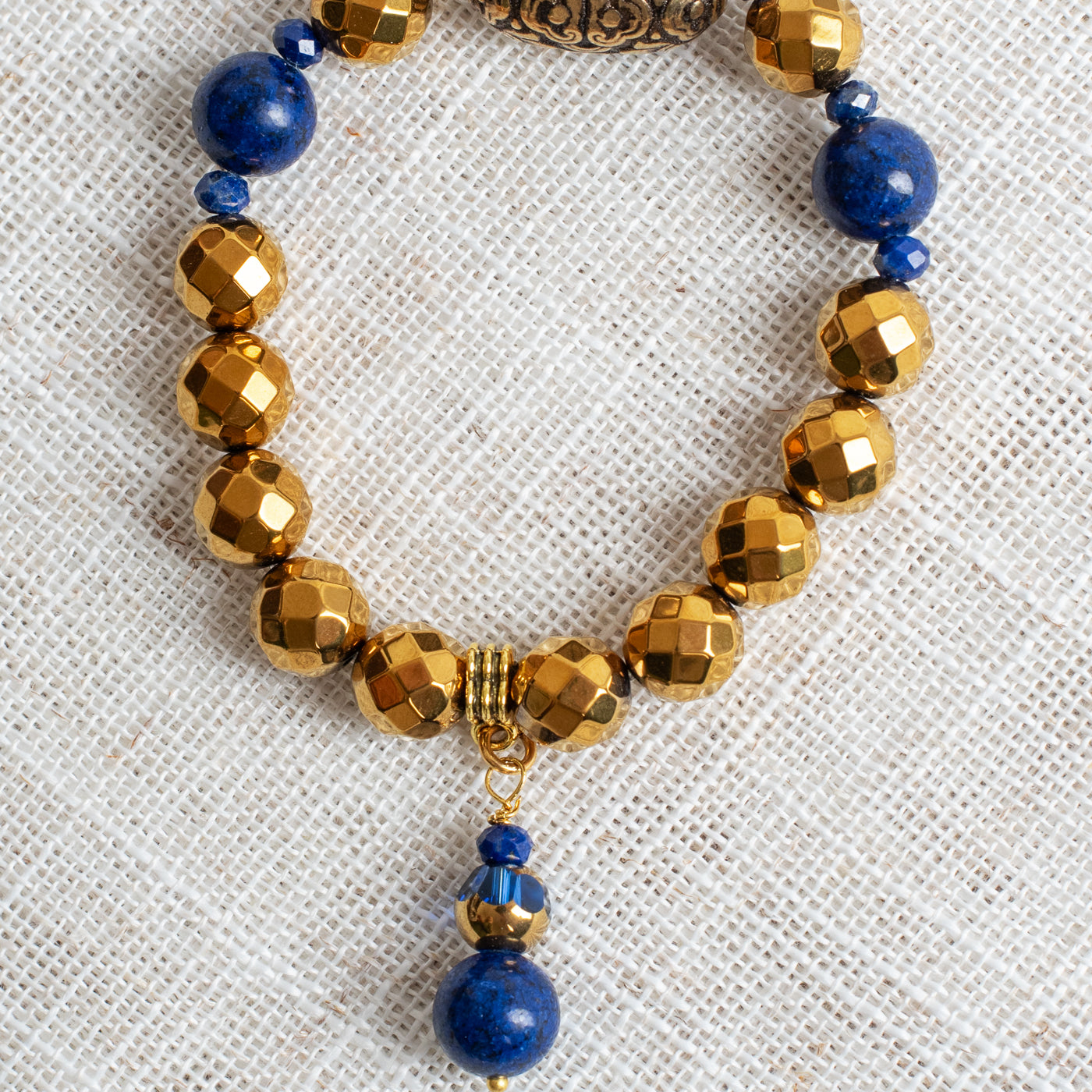 Dark Gold Hemitite and Blue Lapis Stretch Bracelet with Stone and Crystal Drop Charm