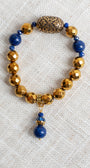 Dark Gold Hemitite and Blue Lapis Stretch Bracelet with Stone and Crystal Drop Charm