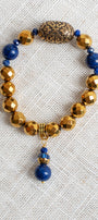 Dark Gold Hemitite and Blue Lapis Stretch Bracelet with Stone and Crystal Drop Charm