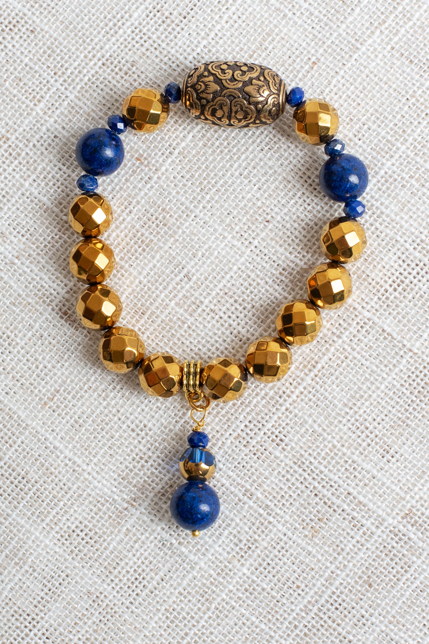 Dark Gold Hemitite and Blue Lapis Stretch Bracelet with Stone and Crystal Drop Charm