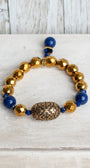 Dark Gold Hemitite and Blue Lapis Stretch Bracelet with Stone and Crystal Drop Charm