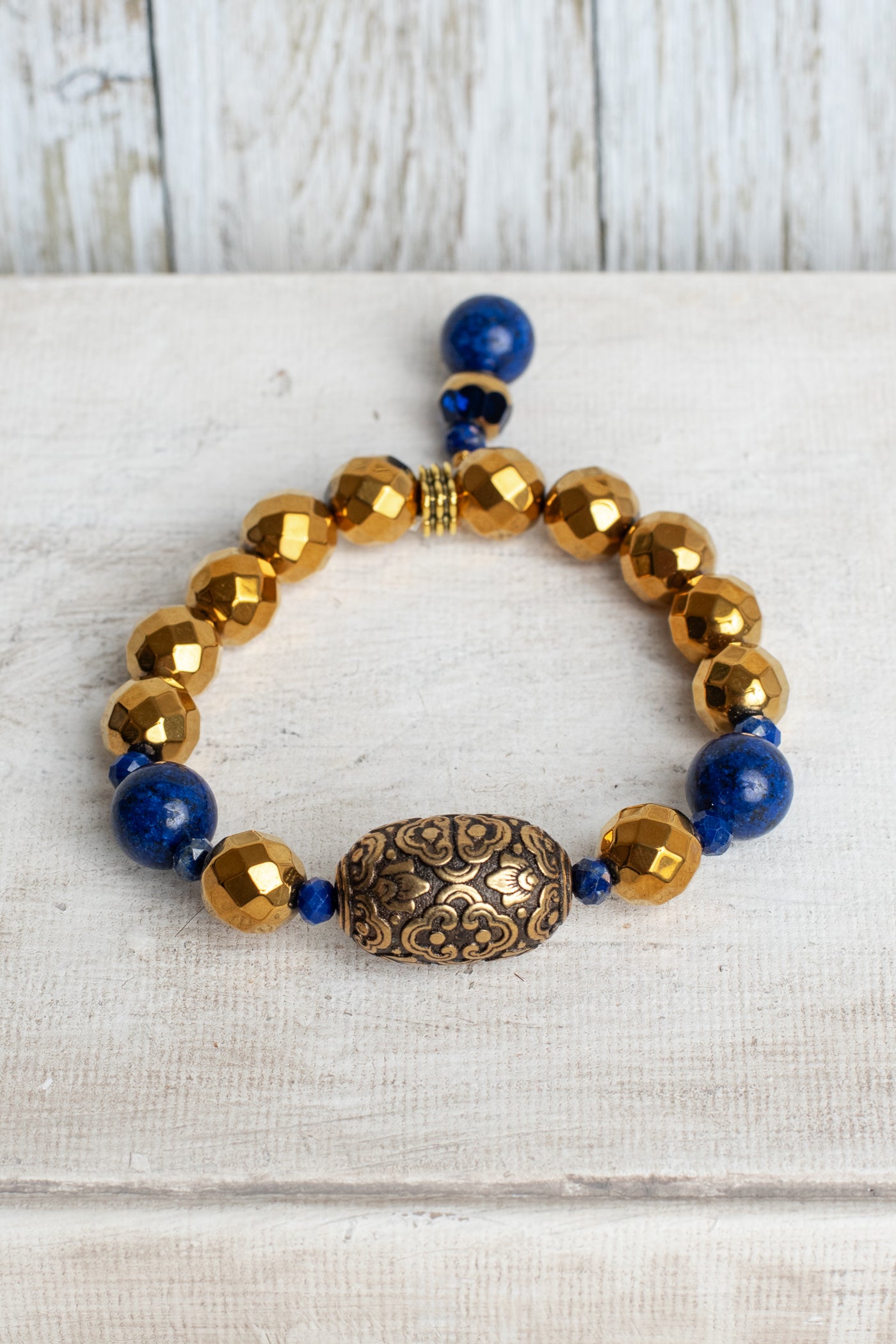 Dark Gold Hemitite and Blue Lapis Stretch Bracelet with Stone and Crystal Drop Charm