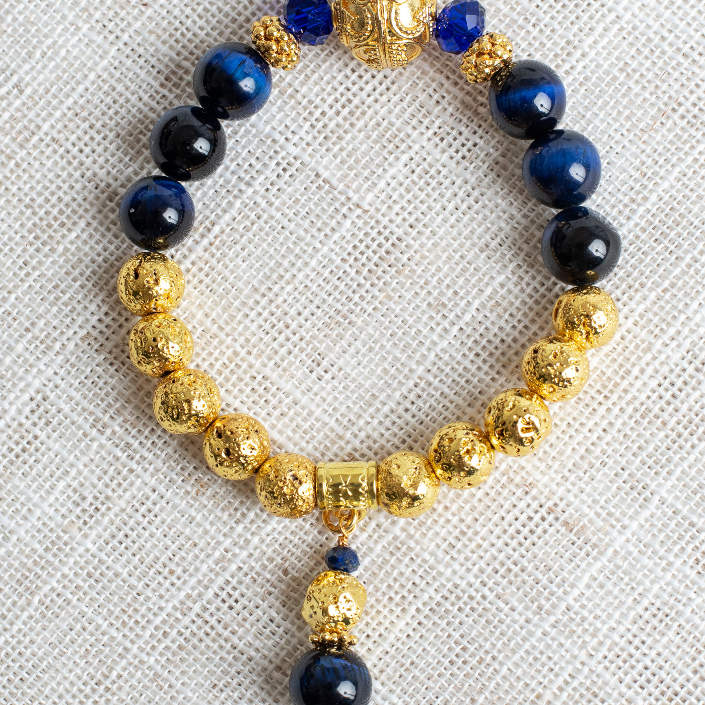 Blue Tiger's Eye and 14K Gold Plated Beaded Stretch Bracelet with Beaded Drop Charm