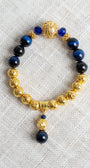 Blue Tiger's Eye and 14K Gold Plated Beaded Stretch Bracelet with Beaded Drop Charm
