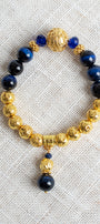 Blue Tiger's Eye and 14K Gold Plated Beaded Stretch Bracelet with Beaded Drop Charm