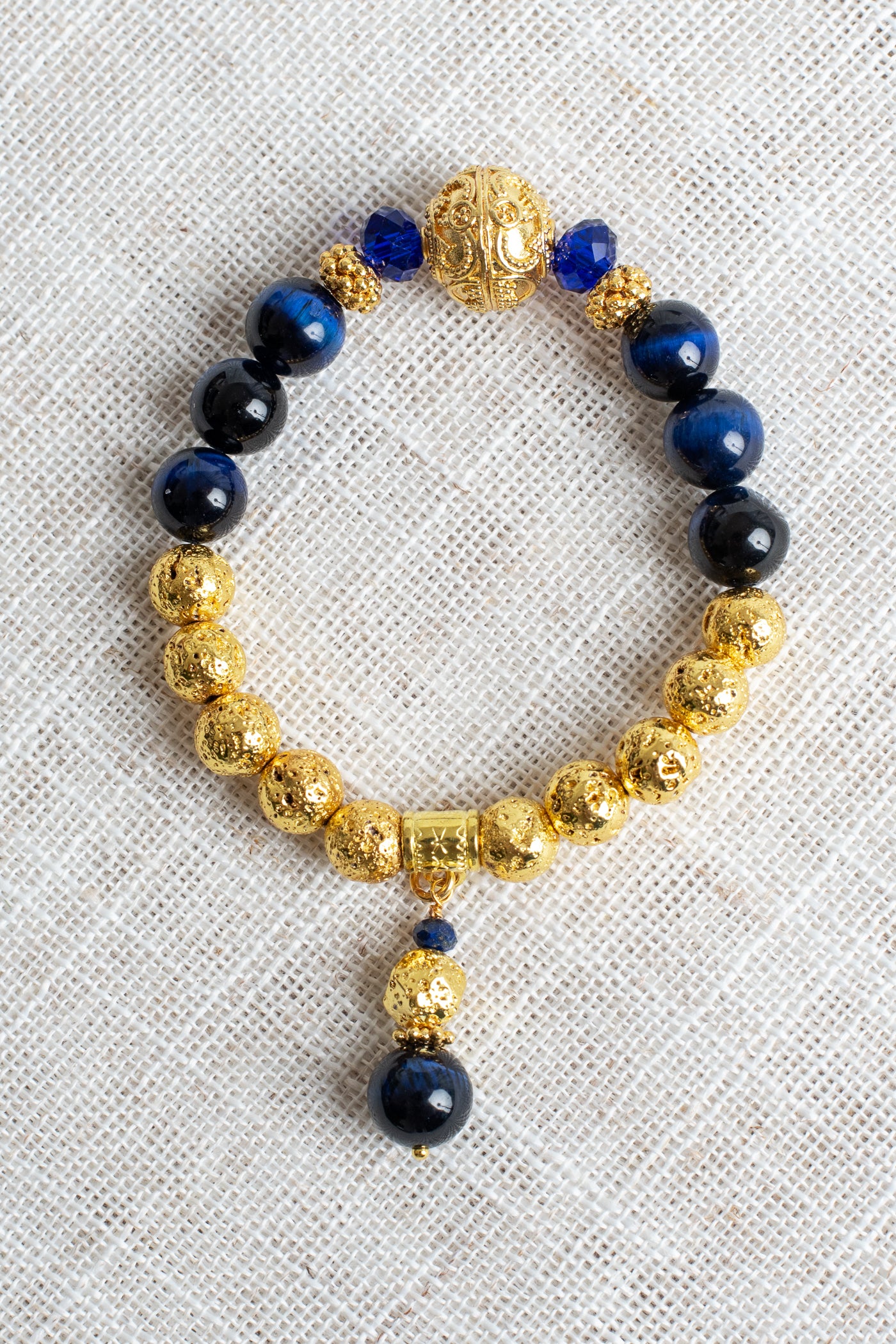 Blue Tiger's Eye and 14K Gold Plated Beaded Stretch Bracelet with Beaded Drop Charm
