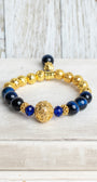 Blue Tiger's Eye and 14K Gold Plated Beaded Stretch Bracelet with Beaded Drop Charm