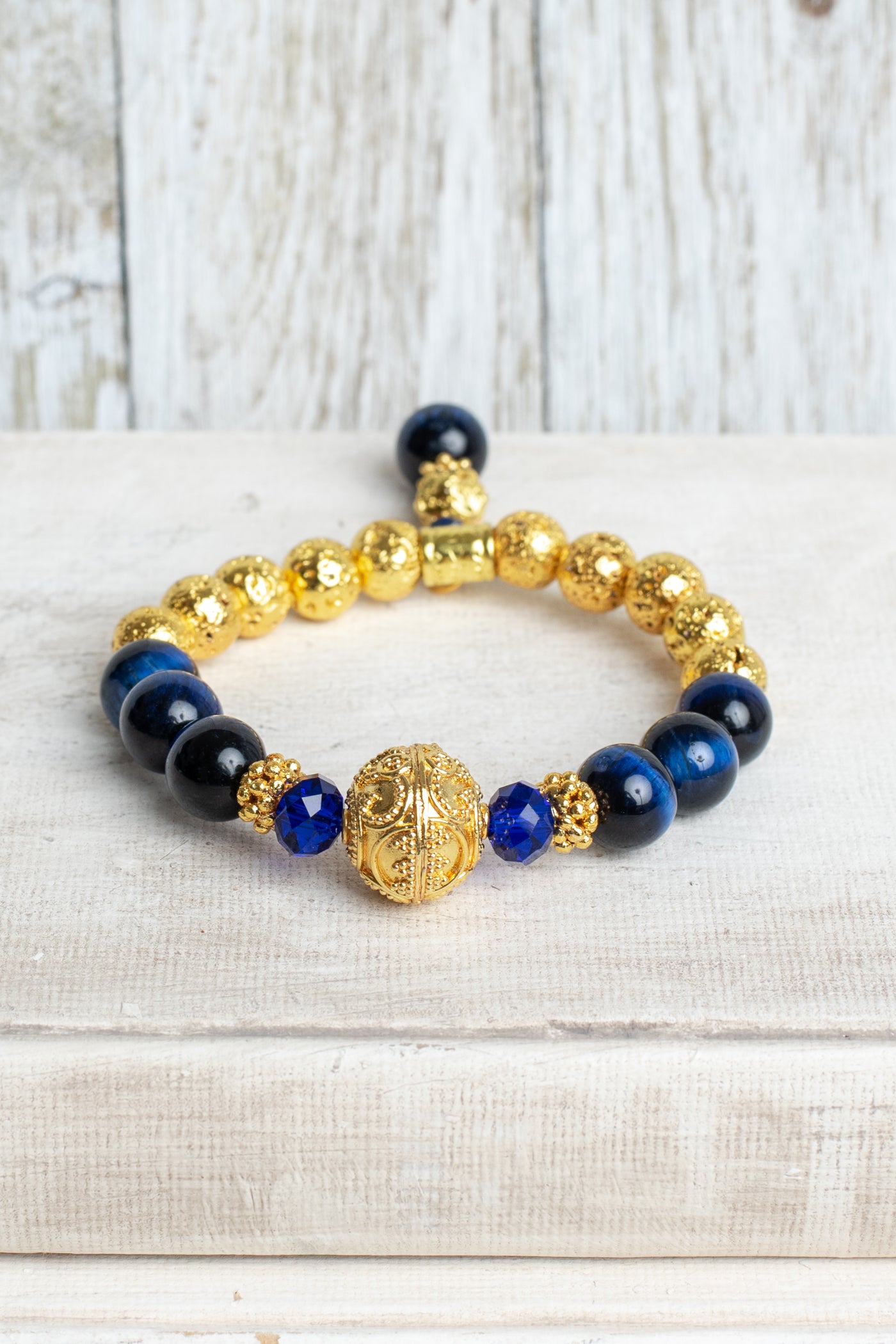 Blue Tiger's Eye and 14K Gold Plated Beaded Stretch Bracelet with Beaded Drop Charm