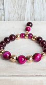 Magenta Tiger's Eye Jasper and Garnet Stone Beads with Gold Plated Elements on a Stretch Bracelet with Matching Beaded Charm