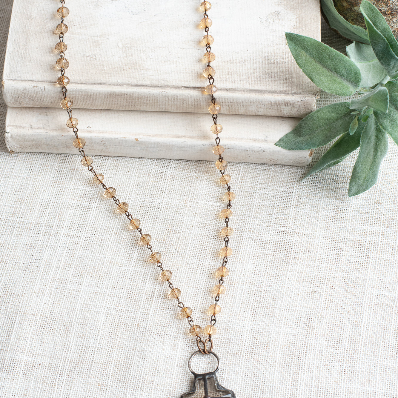 Hand-Soldered Large Crystal Cross Pendant on Amber Peach Faceted Crystal Rosary Chain