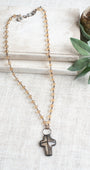 Hand-Soldered Large Crystal Cross Pendant on Amber Peach Faceted Crystal Rosary Chain
