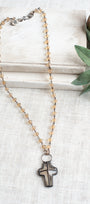 Hand-Soldered Large Crystal Cross Pendant on Amber Peach Faceted Crystal Rosary Chain