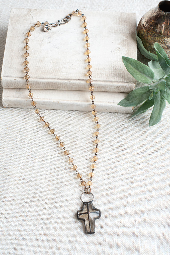 Hand-Soldered Large Crystal Cross Pendant on Amber Peach Faceted Crystal Rosary Chain