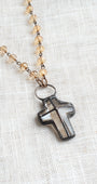 Hand-Soldered Large Crystal Cross Pendant on Amber Peach Faceted Crystal Rosary Chain