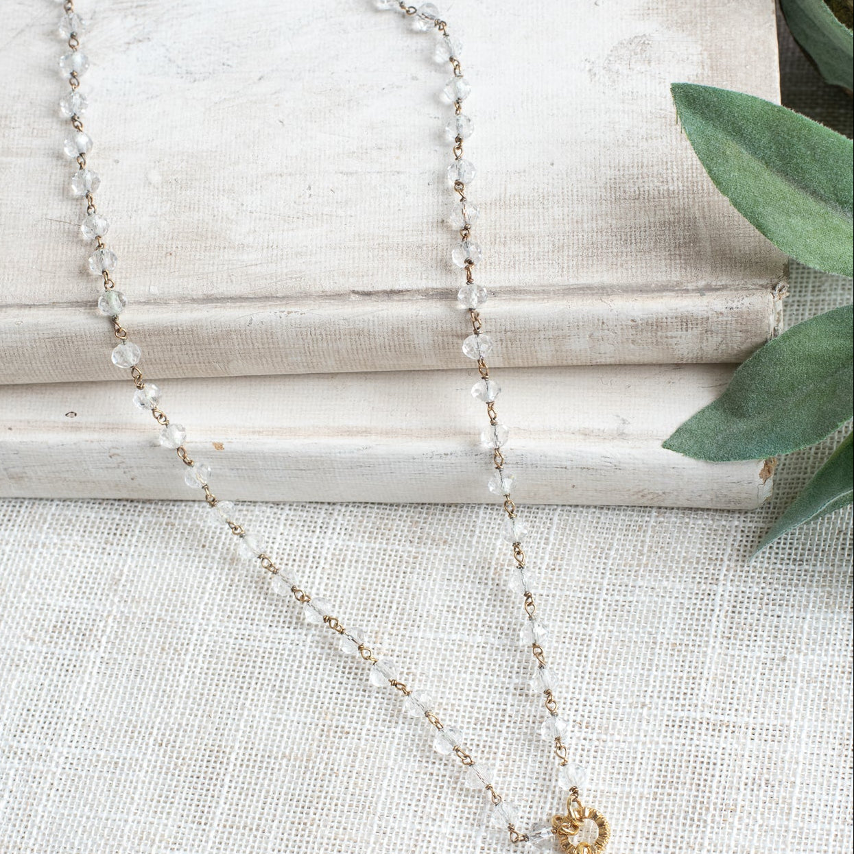 Gold Plated Crystal Pave Cross Pendant on a Czech Crystal Rosary Chain Necklace