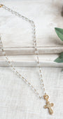 Gold Plated Crystal Pave Cross Pendant on a Czech Crystal Rosary Chain Necklace