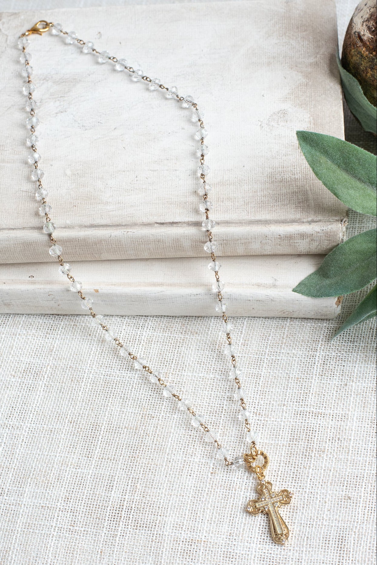 Gold Plated Crystal Pave Cross Pendant on a Czech Crystal Rosary Chain Necklace