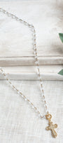 Gold Plated Crystal Pave Cross Pendant on a Czech Crystal Rosary Chain Necklace