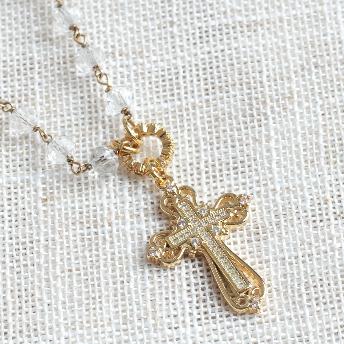 Czech Crystal Rosary Chain & Gold Pavé Crystal Cross Necklace