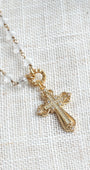 Gold Plated Crystal Pave Cross Pendant on a Czech Crystal Rosary Chain Necklace