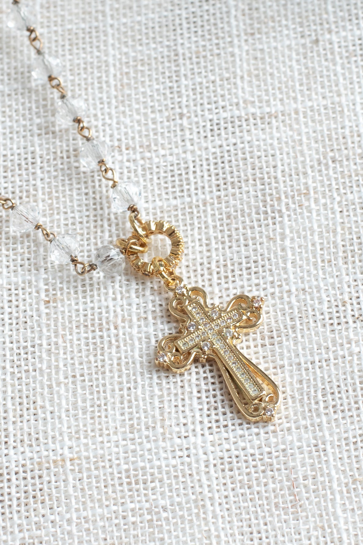 Gold Plated Crystal Pave Cross Pendant on a Czech Crystal Rosary Chain Necklace