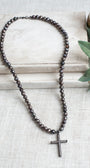 Gunmetal Sterling Silver Micro Pave Modern Cross Pendant on a Faceted Peacock Pearl Strand