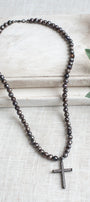 Gunmetal Sterling Silver Micro Pave Modern Cross Pendant on a Faceted Peacock Pearl Strand