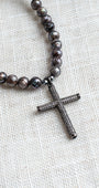 Gunmetal Sterling Silver Micro Pave Modern Cross Pendant on a Faceted Peacock Pearl Strand