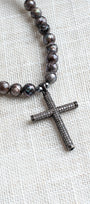 Sterling Silver Micro Pave Cross Pendant on a Faceted Peacock Pearl Strand