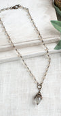 Bronze Vintage Floral and Clear Quartz Pendant on a Light Tan Crystal and Bronze Rosary Chain Necklace