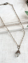 Bronze Vintage Floral and Clear Quartz Pendant on a Light Tan Crystal and Bronze Rosary Chain Necklace