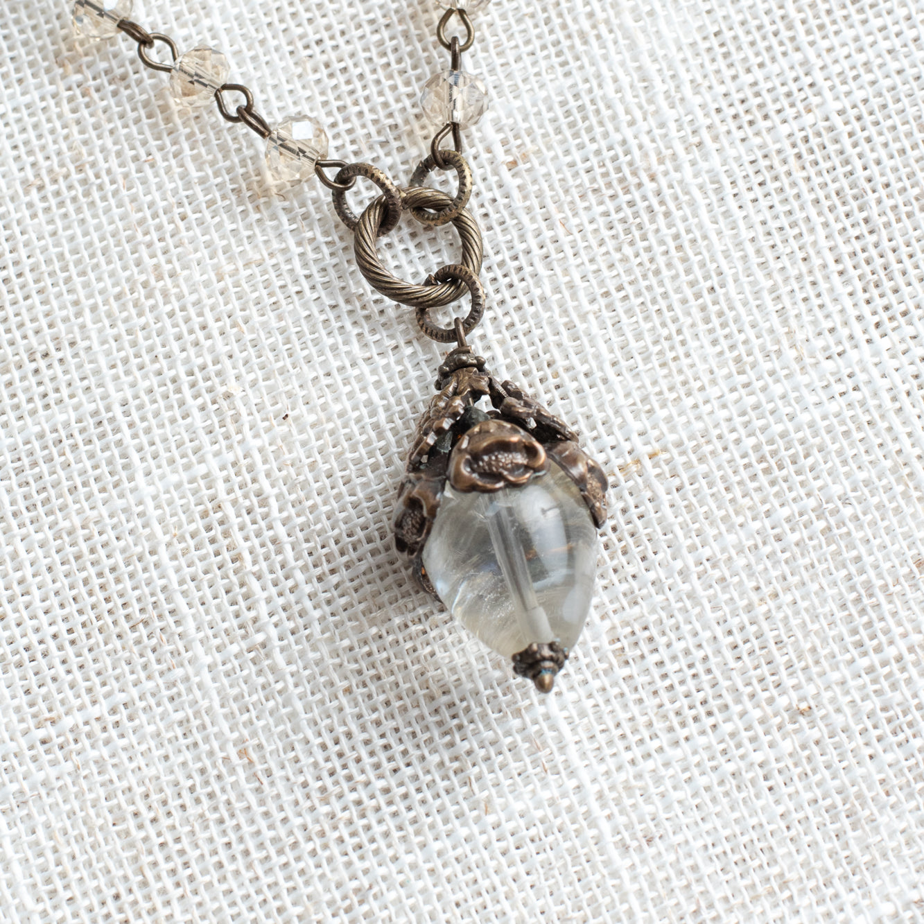 Crystal Quartz & Bronze Floral Rosary Chain Pendant Necklace