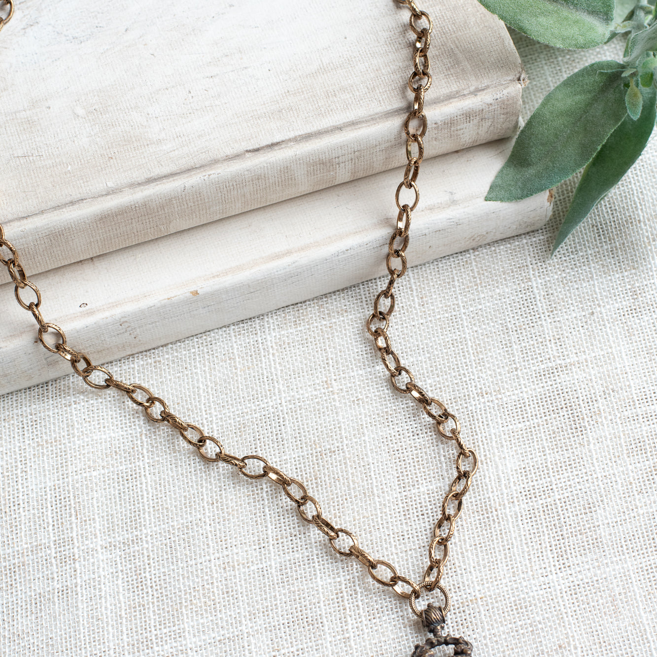 Bronze Ornate Watch FOB Pendant with Pearl Drop on Italian Brass Textured Oval Chain