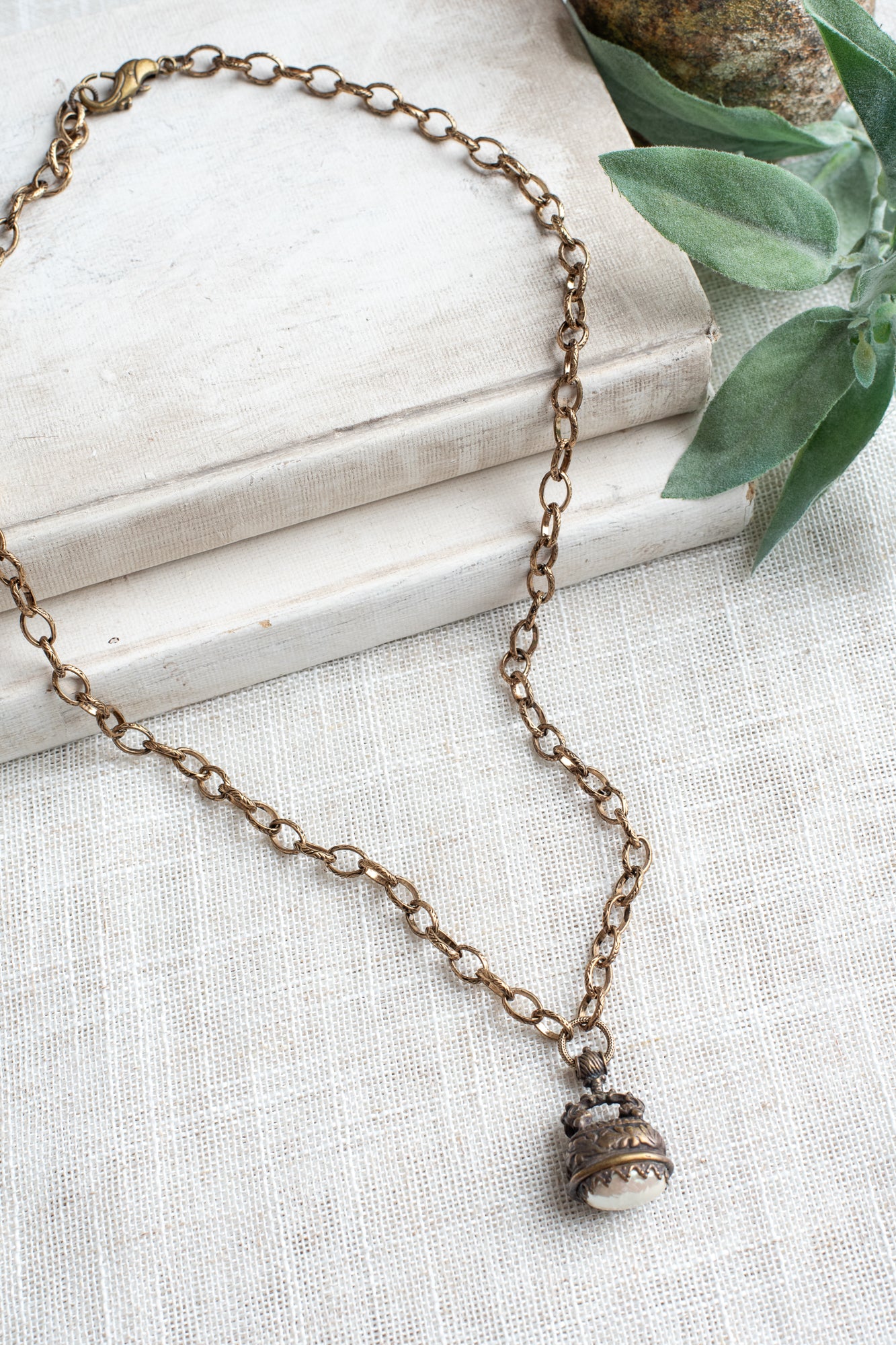 Bronze Ornate Watch FOB Pendant with Pearl Drop on Italian Brass Textured Oval Chain