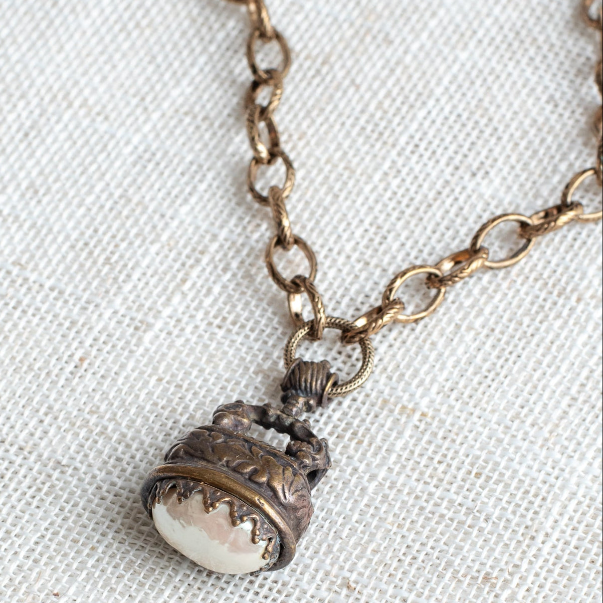 Bronze Ornate Watch FOB Pendant with Pearl Drop on Italian Oval Chain