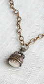 Bronze Ornate Watch FOB Pendant with Pearl Drop on Italian Brass Textured Oval Chain