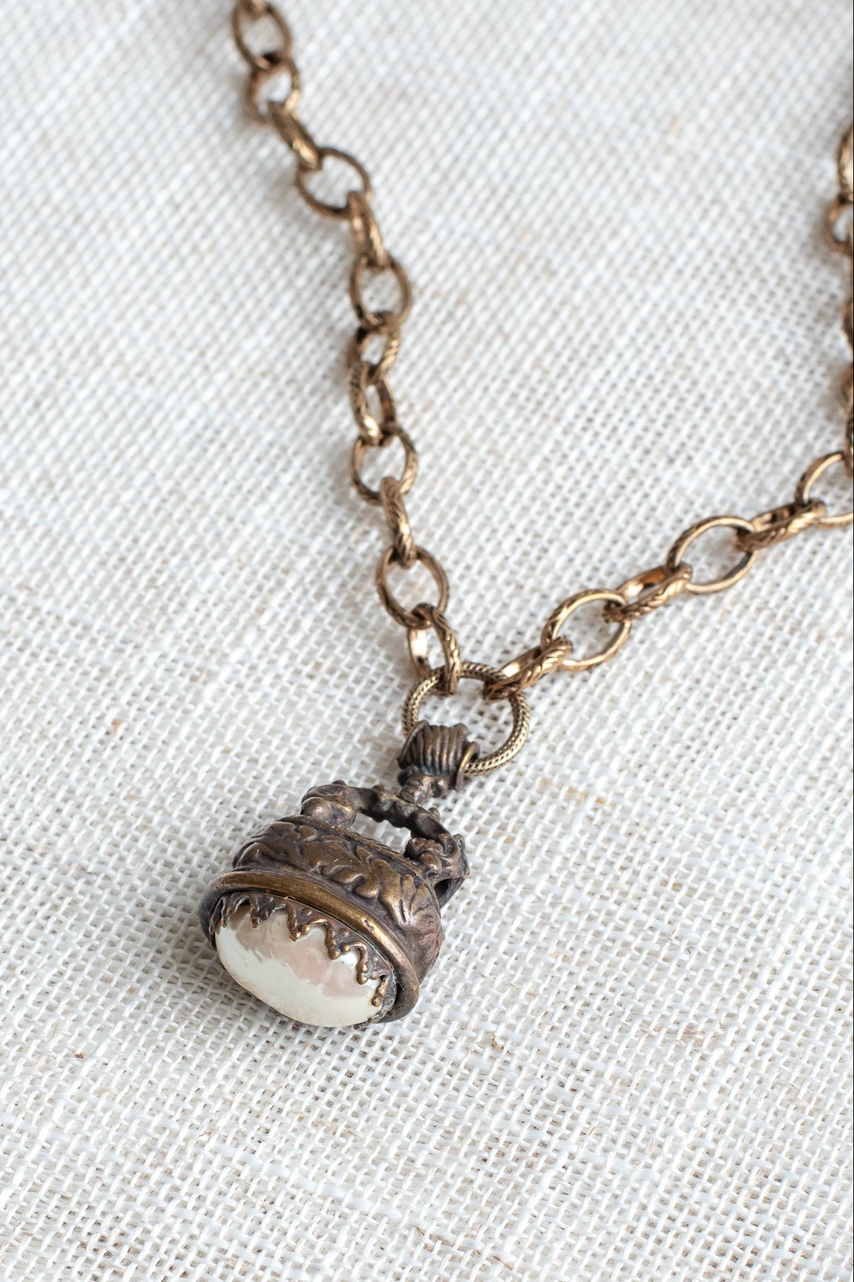 Bronze Ornate Watch FOB Pendant with Pearl Drop on Italian Brass Textured Oval Chain