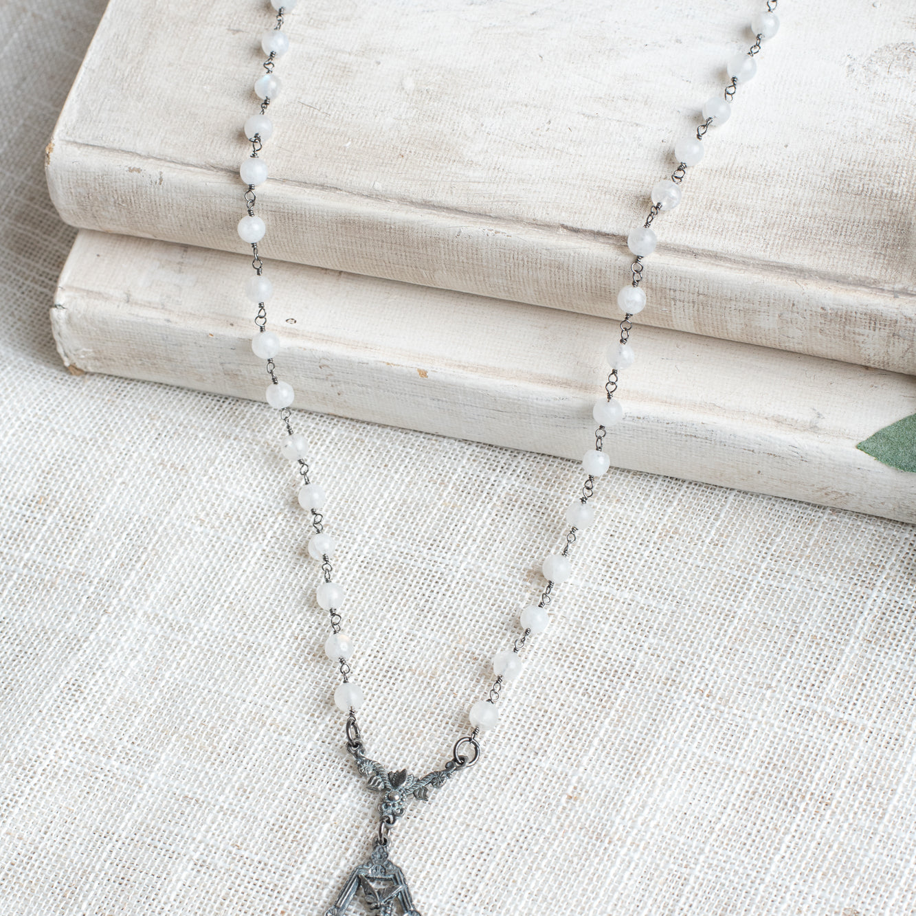 Victorian Bird and Butterfly Antique Silvertone Pendant on a Moonstone Gunmetal Rosary Chain Necklace
